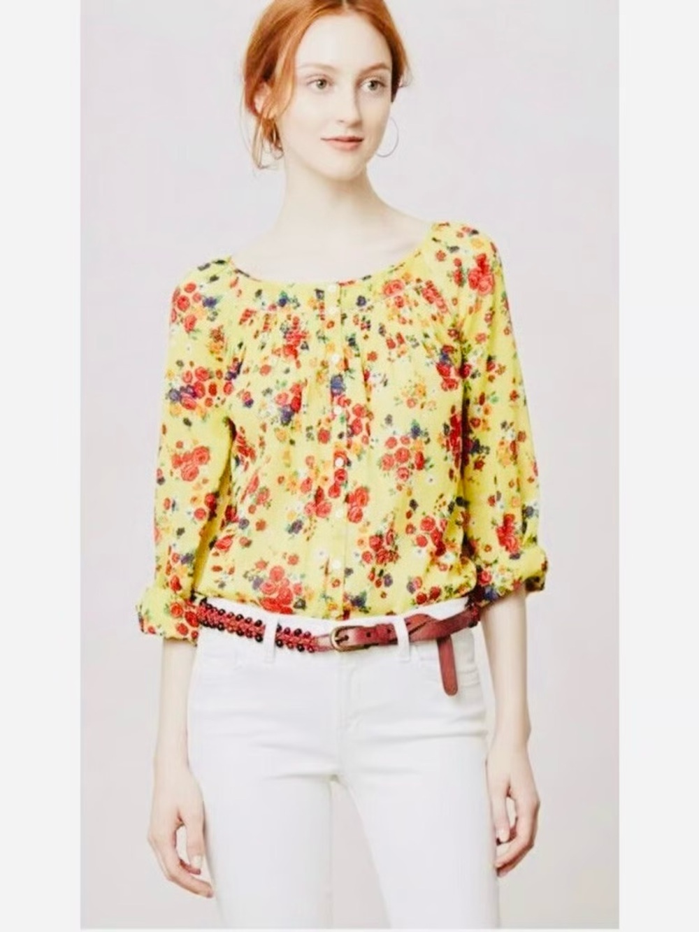 Anthropologie Postmark Floral Yellow Cotton Blouse